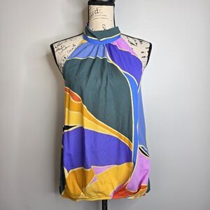 Tyche Evelyn Multicolor Abstract Geometric Halter Tie Back Top Large NWT